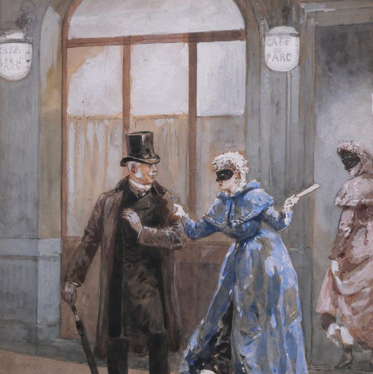 Orlando NORIE 1832-1901 Couple at the Café du Parc Ball, drawing