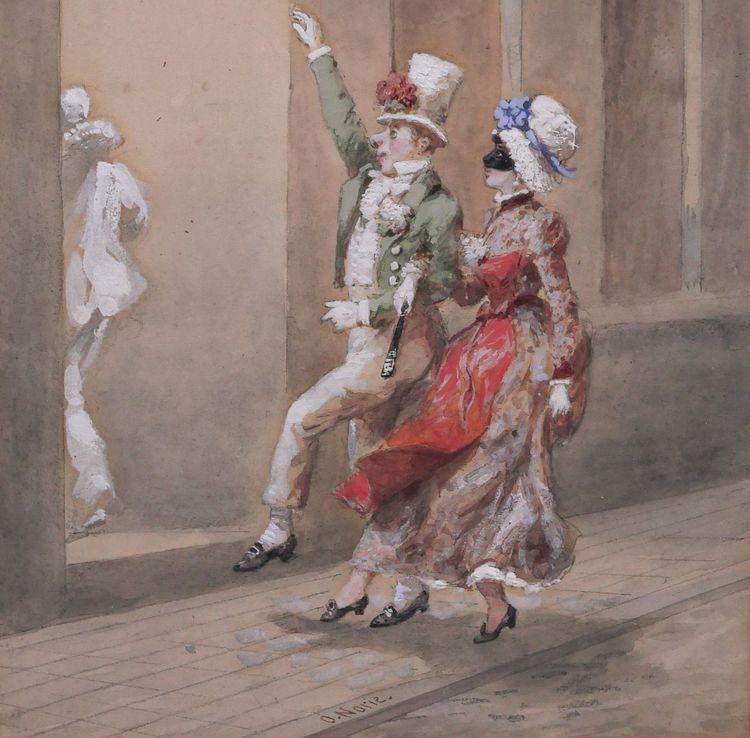 Orlando NORIE 1832-1901 Paar auf dem Ball an der Tränke, Zeichnung