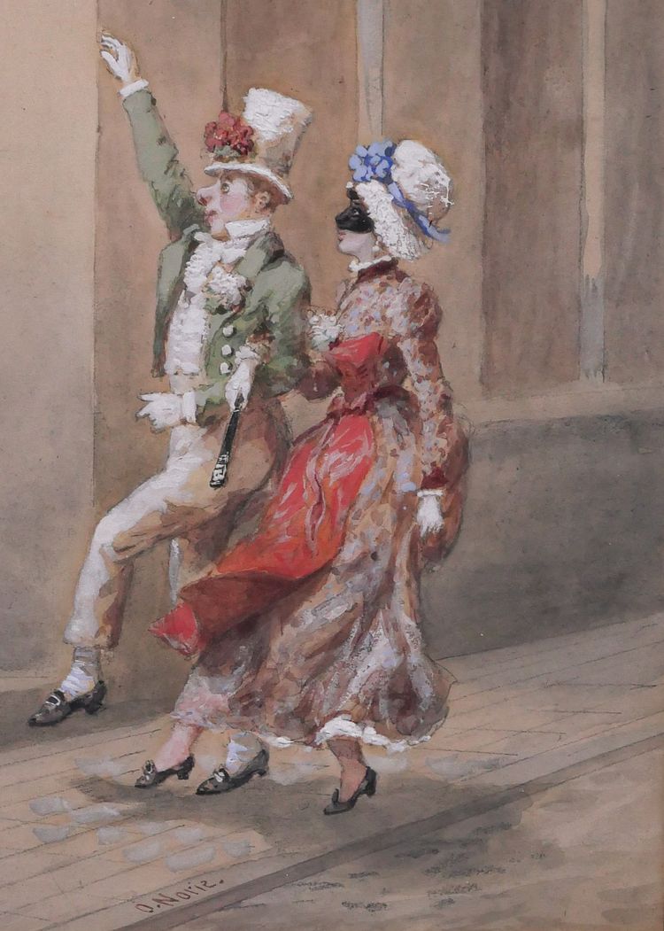 Orlando NORIE 1832-1901 Paar auf dem Ball an der Tränke, Zeichnung
