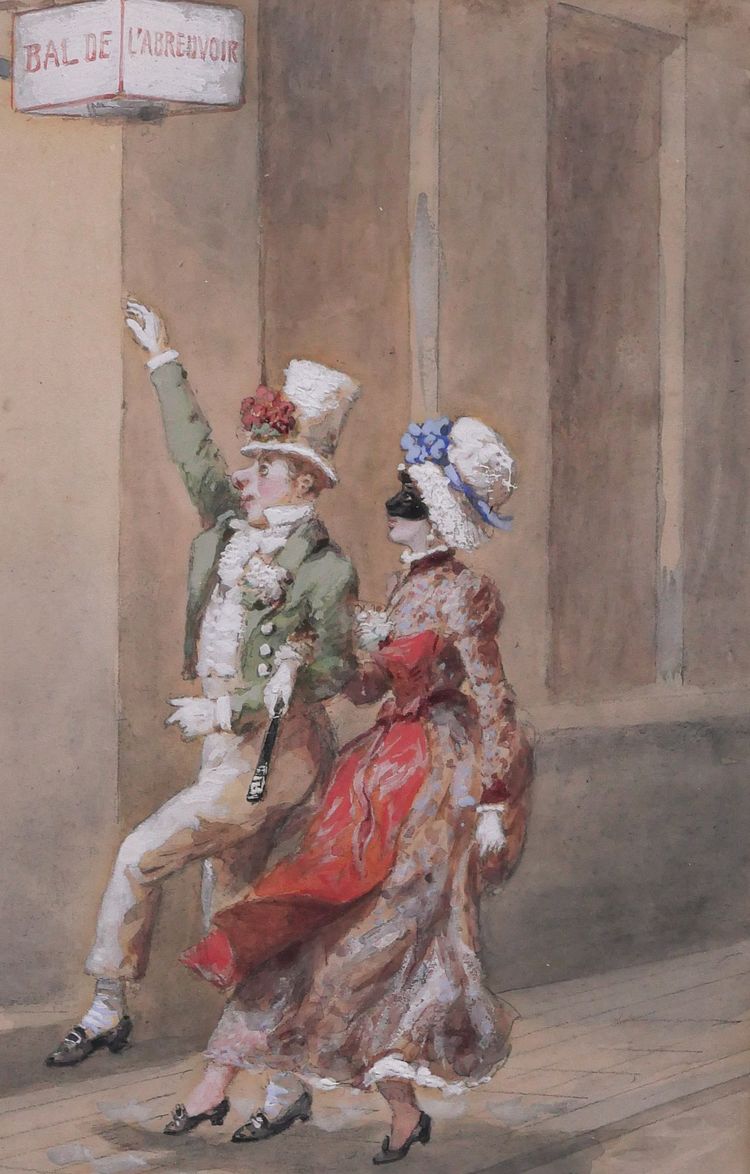 Orlando NORIE 1832-1901 Paar auf dem Ball an der Tränke, Zeichnung