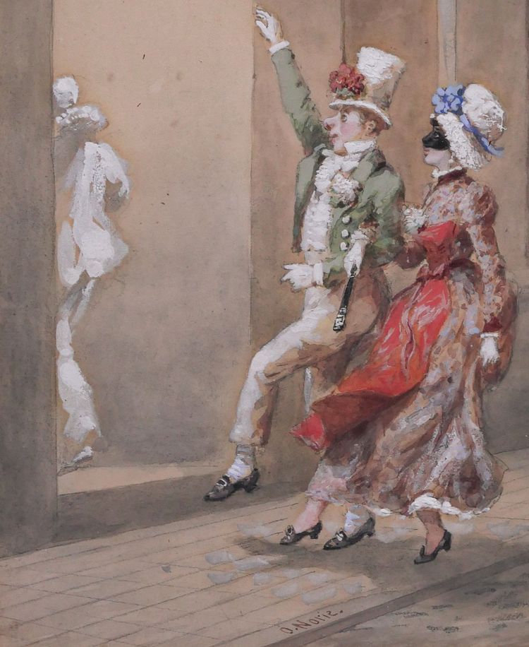 Orlando NORIE 1832-1901 Paar auf dem Ball an der Tränke, Zeichnung