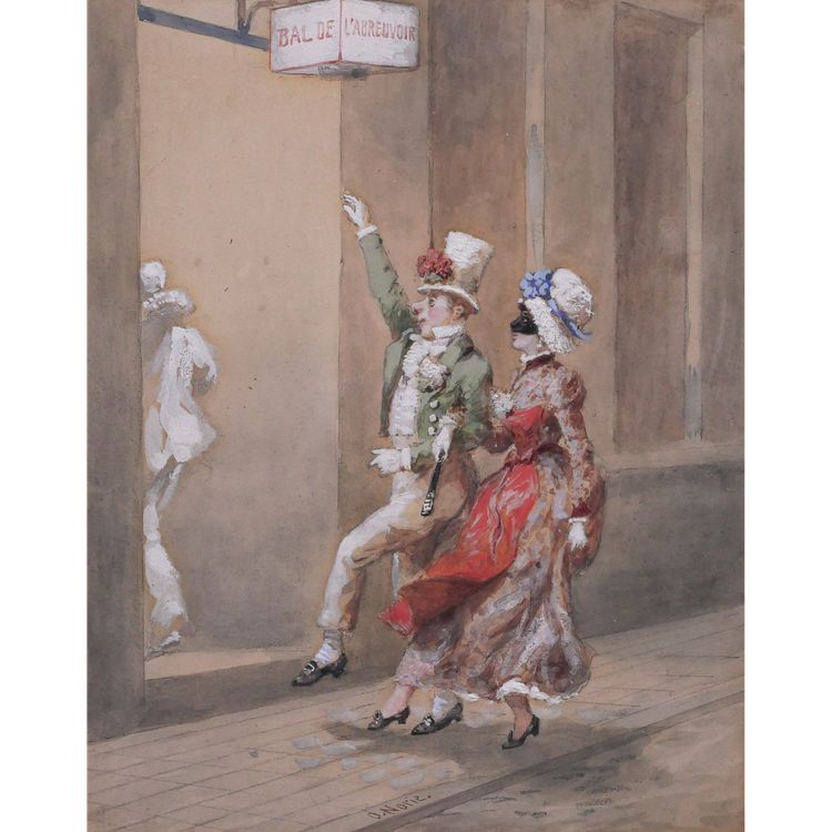 Orlando NORIE 1832-1901 Paar auf dem Ball an der Tränke, Zeichnung