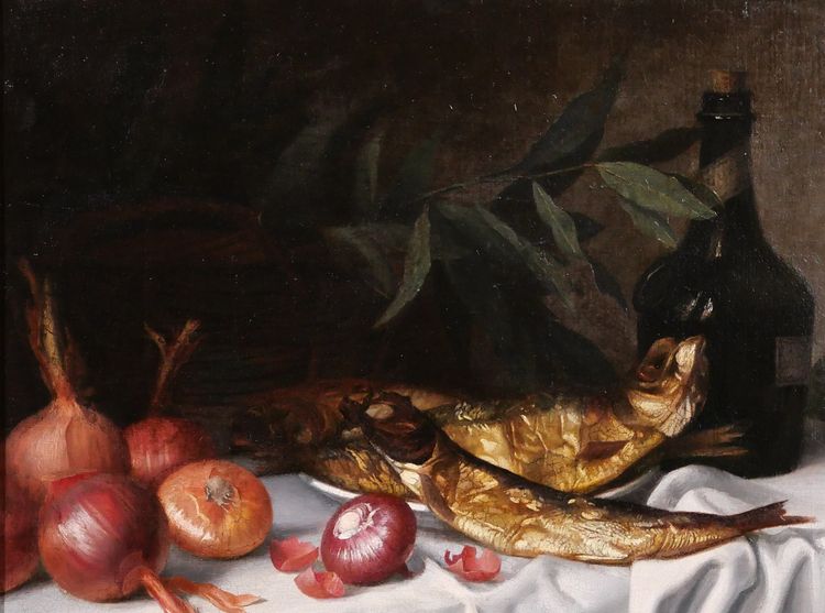 Blanche Polonceau 1846-1914 Still life with herrings and onions, painting, circa 1880-90
