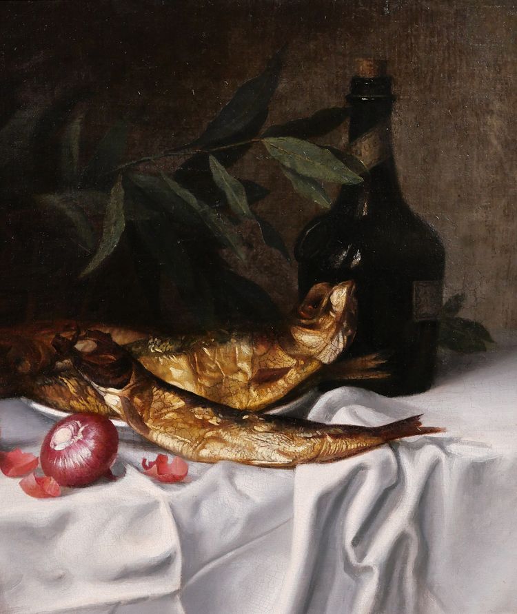 Blanche Polonceau 1846-1914 Still life with herrings and onions, painting, circa 1880-90