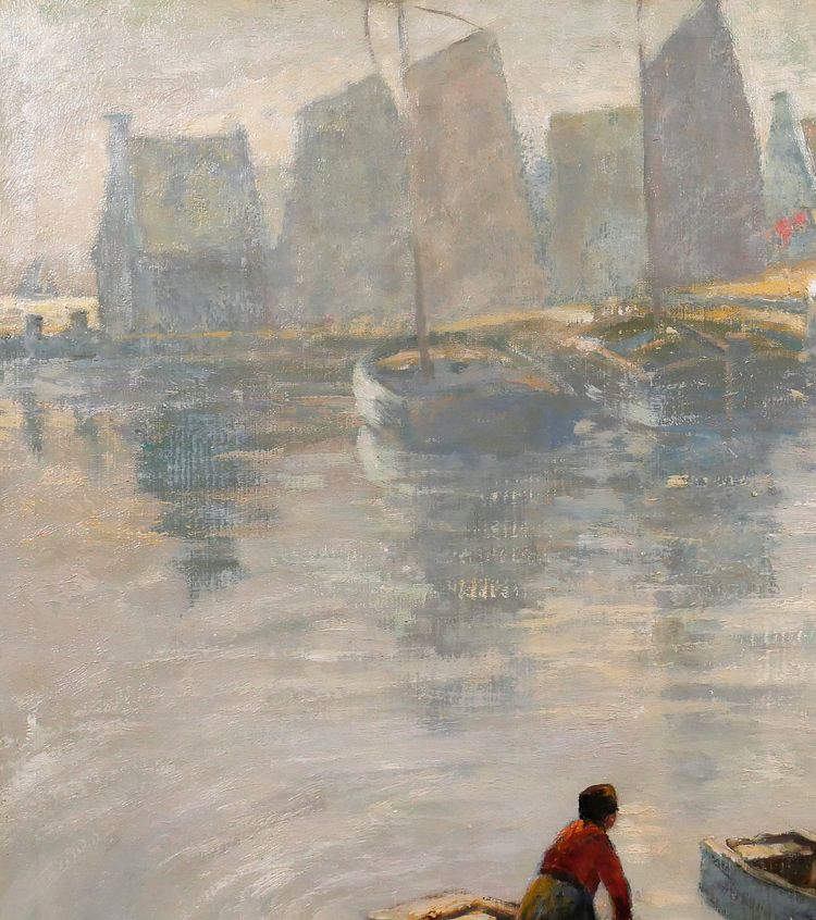 Willy Sluiter 1873-1949 Volendam, landscape with boats, large painting, Netherlands, c. 1920
