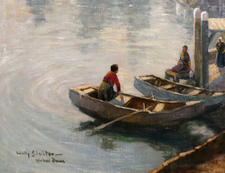 Willy Sluiter 1873-1949 Volendam, landscape with boats, large painting, Netherlands, c. 1920