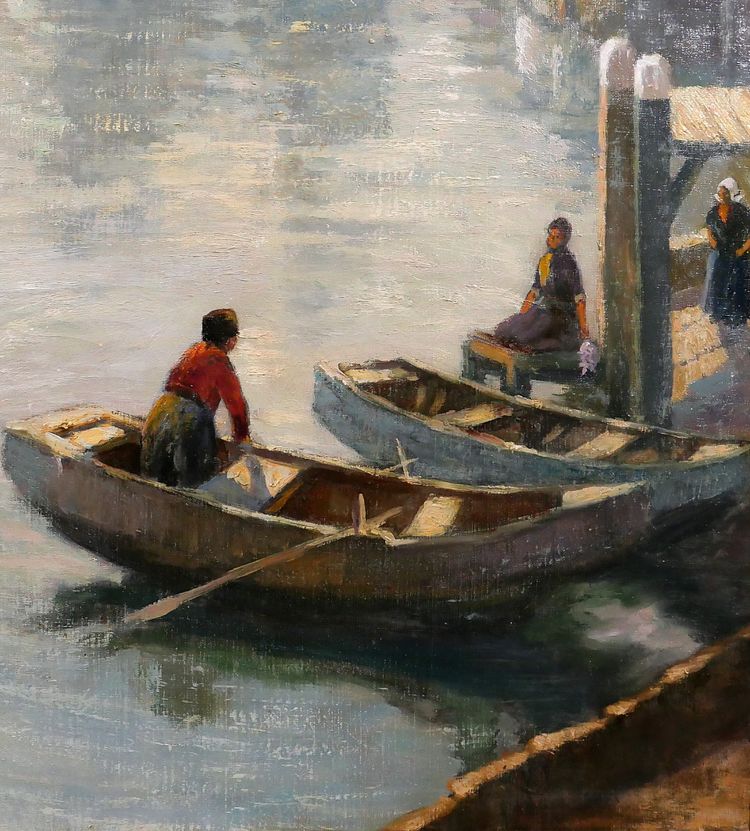 Willy Sluiter 1873-1949 Volendam, landscape with boats, large painting, Netherlands, c. 1920