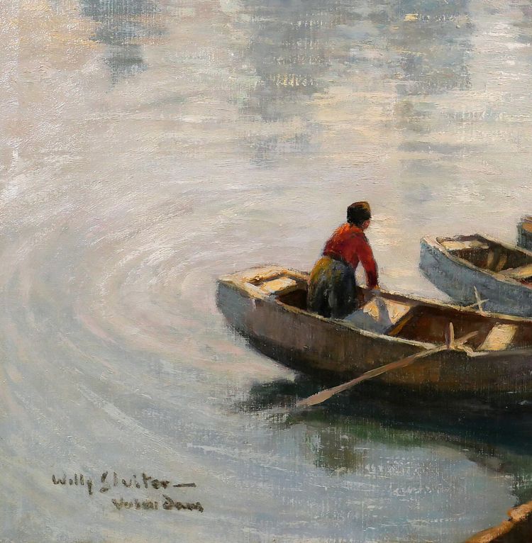 Willy Sluiter 1873-1949 Volendam, landscape with boats, large painting, Netherlands, c. 1920