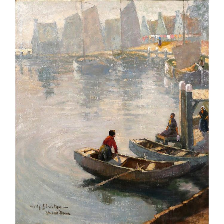Willy Sluiter 1873-1949 Volendam, landscape with boats, large painting, Netherlands, c. 1920