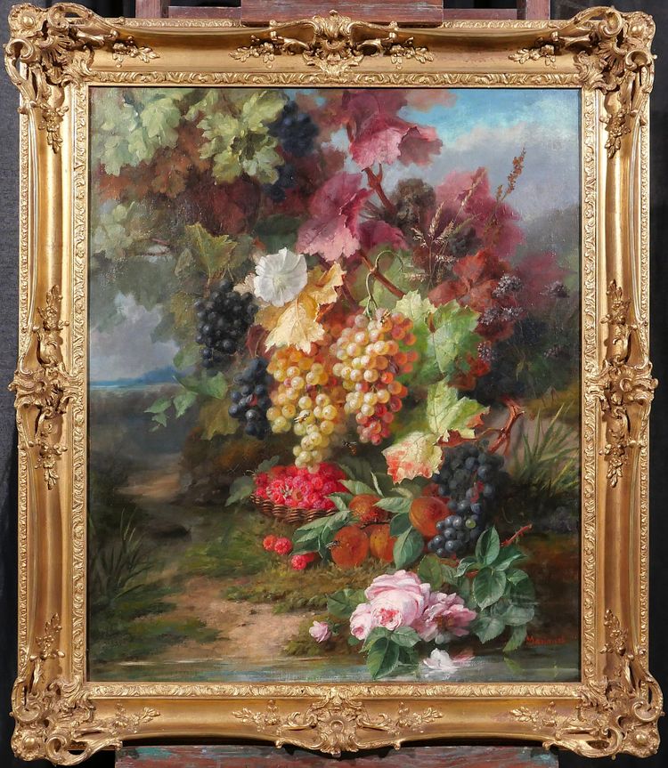Augustin Maniquet Barjon 1812-1879 Blumen, Weintrauben und Himbeeren, Stillleben, Gemälde, Lyon