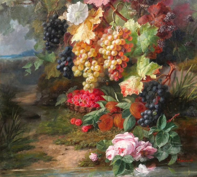 Augustin Maniquet Barjon 1812-1879 Blumen, Weintrauben und Himbeeren, Stillleben, Gemälde, Lyon