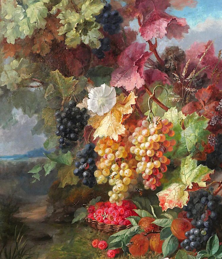 Augustin Maniquet Barjon 1812-1879 Blumen, Weintrauben und Himbeeren, Stillleben, Gemälde, Lyon