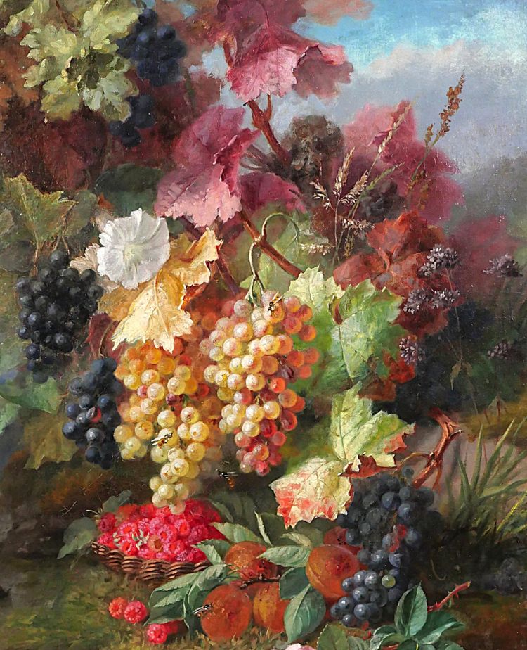 Augustin Maniquet Barjon 1812-1879 Blumen, Weintrauben und Himbeeren, Stillleben, Gemälde, Lyon