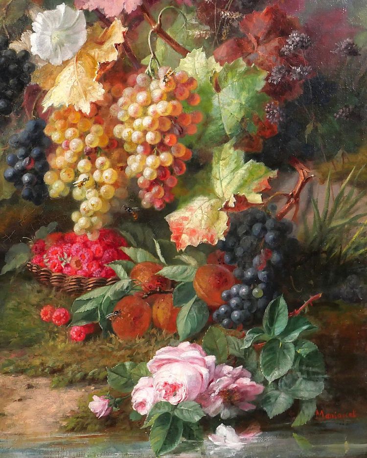 Augustin Maniquet Barjon 1812-1879 Blumen, Weintrauben und Himbeeren, Stillleben, Gemälde, Lyon
