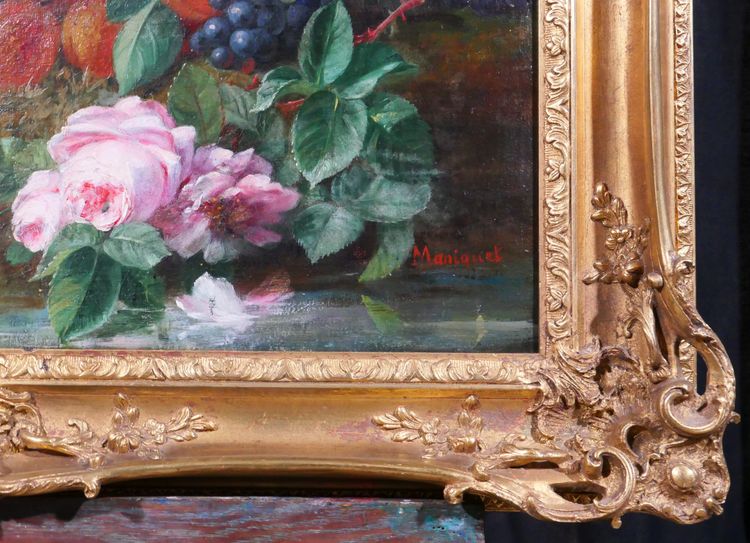 Augustin Maniquet Barjon 1812-1879 Blumen, Weintrauben und Himbeeren, Stillleben, Gemälde, Lyon