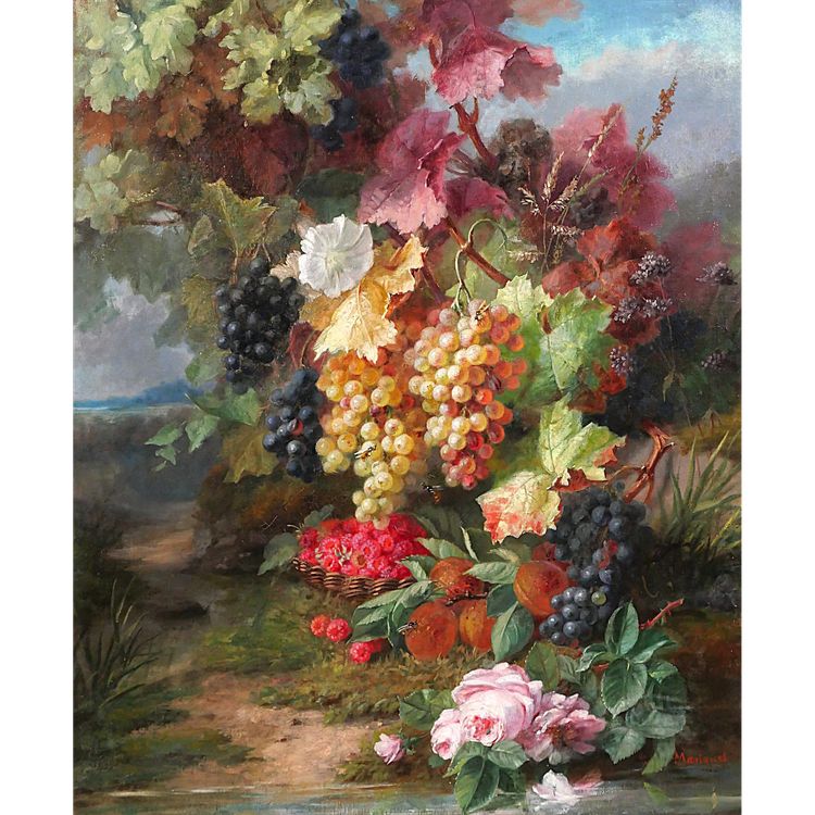 Augustin Maniquet Barjon 1812-1879 Blumen, Weintrauben und Himbeeren, Stillleben, Gemälde, Lyon