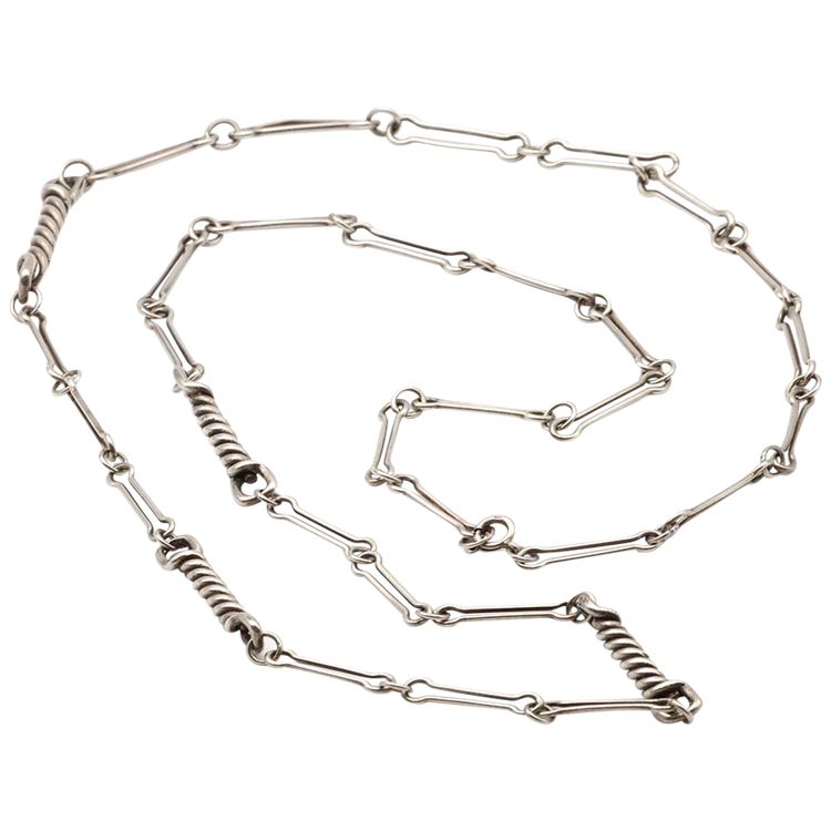 Collana lunga modernista in argento 800 millesimi, collana moderna, twist, trombone