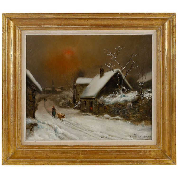 Théodore Levigne (1848-1912) Dorf im Schnee Öl auf Leinwand Ende des 19. Jahrhunderts