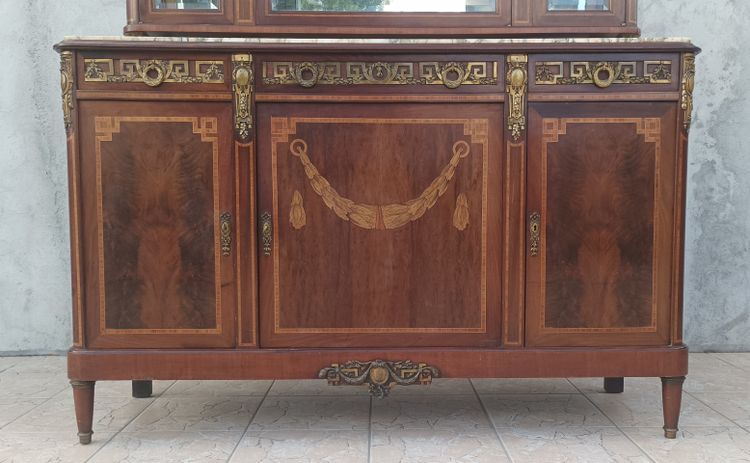 Louis XVI 2-section sideboard in mahogany veneer and precious wood marquetry