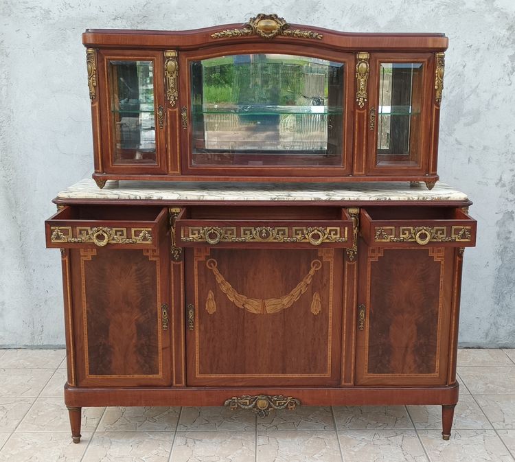 Louis XVI 2-section sideboard in mahogany veneer and precious wood marquetry