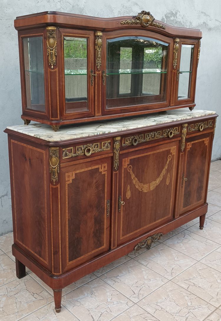 Louis XVI 2-section sideboard in mahogany veneer and precious wood marquetry