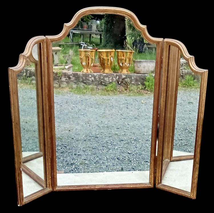 Ancien grand miroir triptyque doré 