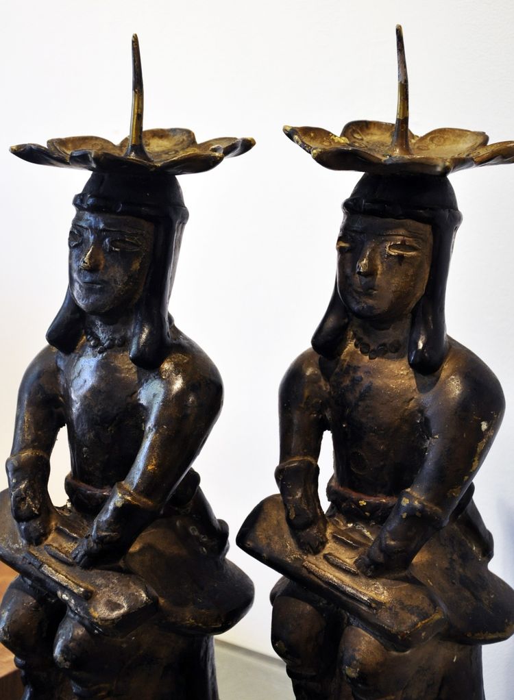 Pair of Mexican pre-Columbian bronze candlesticks 20th century