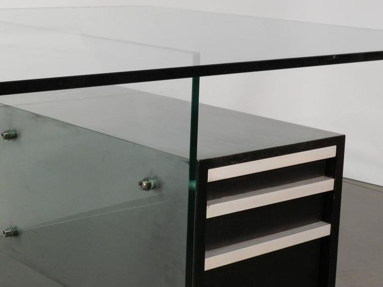 Xavier Marbeau , Vintage Desk Model "esteral" In Steel, Glass And Lacquered Wood Circa 1970