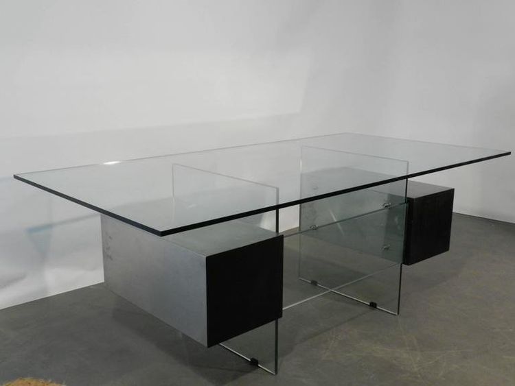 Xavier Marbeau , Vintage Desk Model "esteral" In Steel, Glass And Lacquered Wood Circa 1970