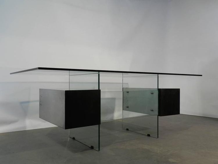 Xavier Marbeau , Vintage Desk Model "esteral" In Steel, Glass And Lacquered Wood Circa 1970