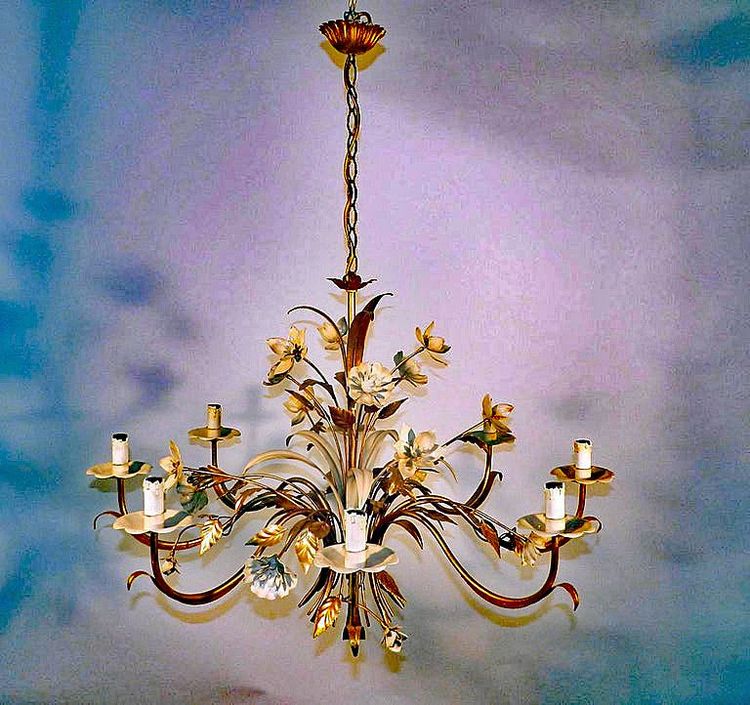 Large Chandelier in Gold Metal and White Lacquered Metal Circa 1950/1970
