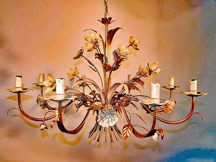 Large Chandelier in Gold Metal and White Lacquered Metal Circa 1950/1970