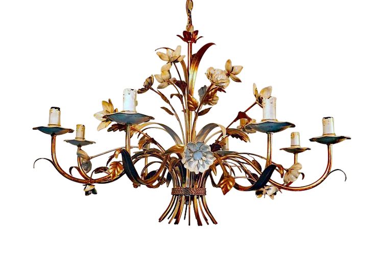 Large Chandelier in Gold Metal and White Lacquered Metal Circa 1950/1970