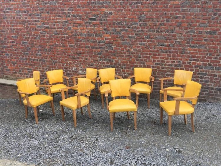Suite De 10 Fauteuils Art Déco, Chêne Et Cuir Circa 1930/1950