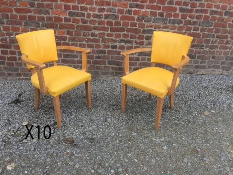 Suite De 10 Fauteuils Art Déco, Chêne Et Cuir Circa 1930/1950