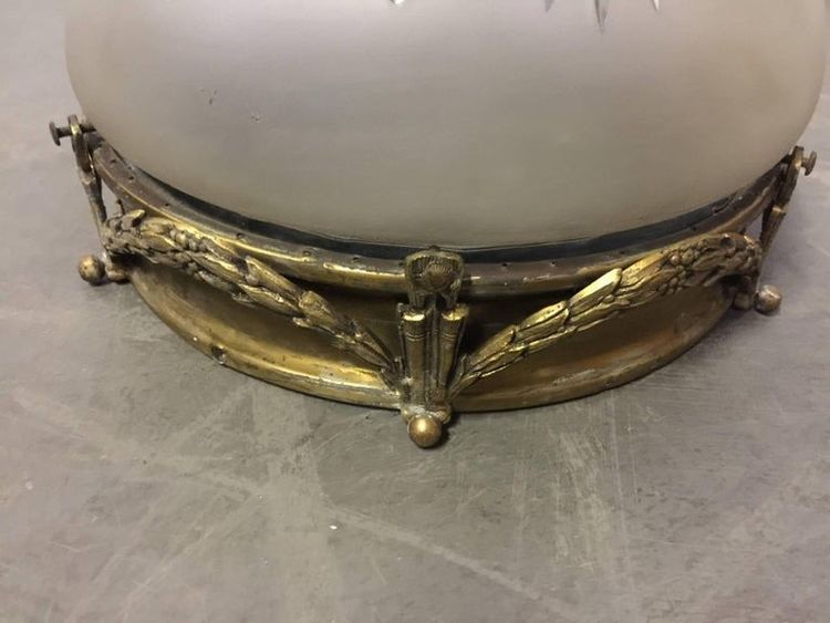 Ancien Plafonnier Napoléon 3 En Bronze, Laiton Et Verre Gravé