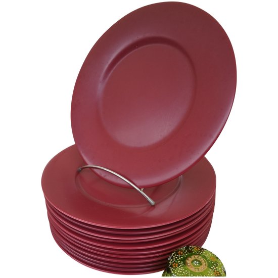 Set of 12 large Gien presentation plates, red/garnet color