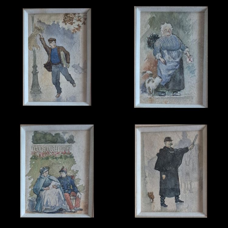 11 piccoli acquerelli con scene di vita parigina della fine del XIX secolo