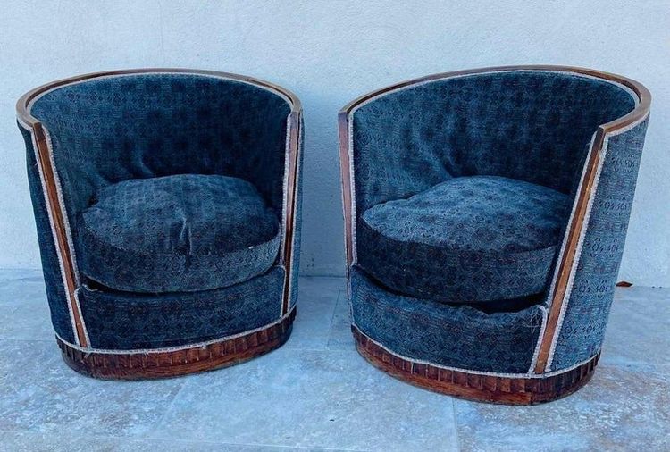 Paire De Fauteuils Art Deco , Forme Corbeille, Plinthe Ronde, Circa 1930