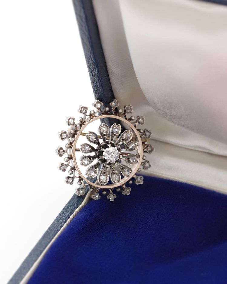 Spilla con diamante a rosetta in oro e argento 18 ct, diamanti taglio rosa, fiore, circolare