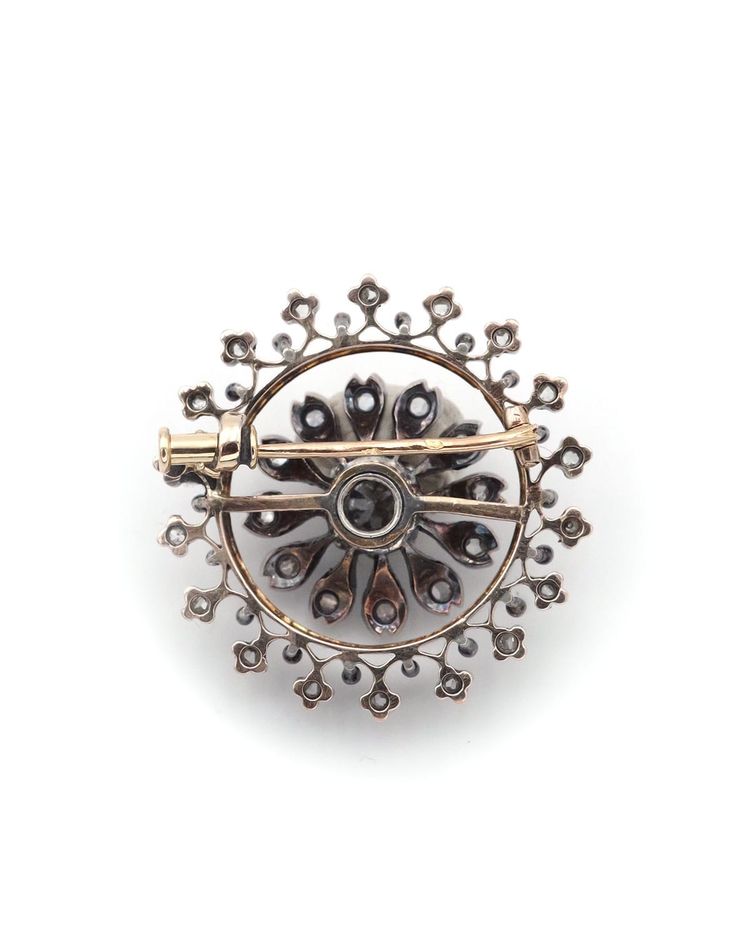 Spilla con diamante a rosetta in oro e argento 18 ct, diamanti taglio rosa, fiore, circolare