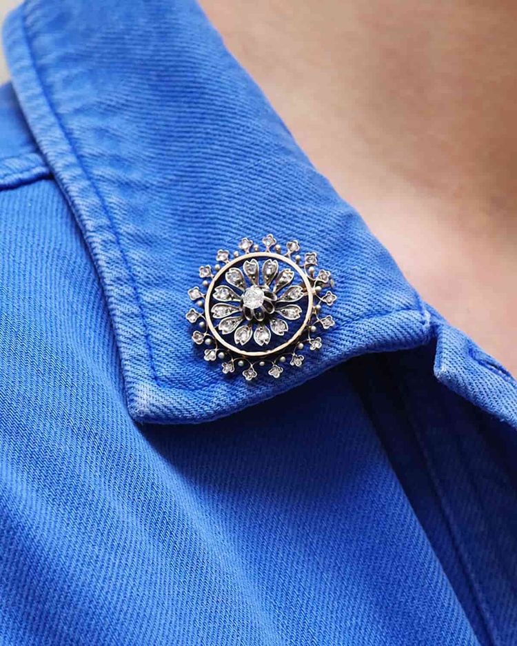 Spilla con diamante a rosetta in oro e argento 18 ct, diamanti taglio rosa, fiore, circolare