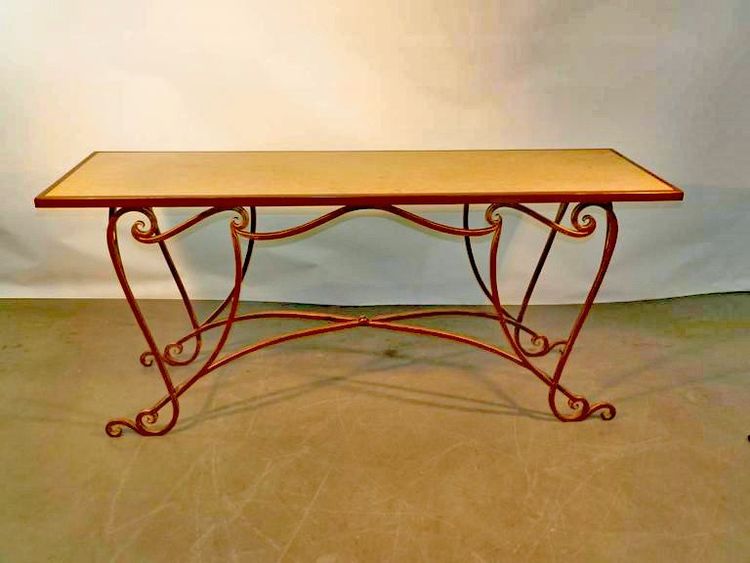 Grande Console De Milieu Vers 1970. Fer Forgé Doré, Marbre
