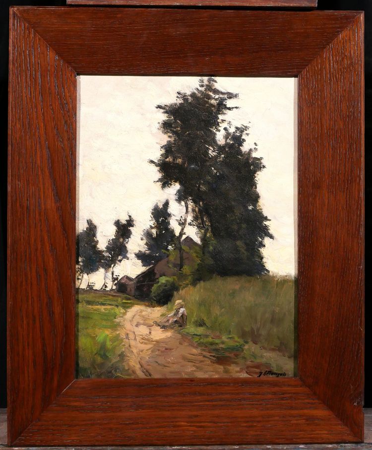 Joseph-Charles François 1851-1940 Paesaggio con alberi e dormiente, dipinto, Belgio Impressionismo