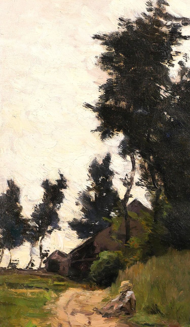 Joseph-Charles François 1851-1940 Paesaggio con alberi e dormiente, dipinto, Belgio Impressionismo