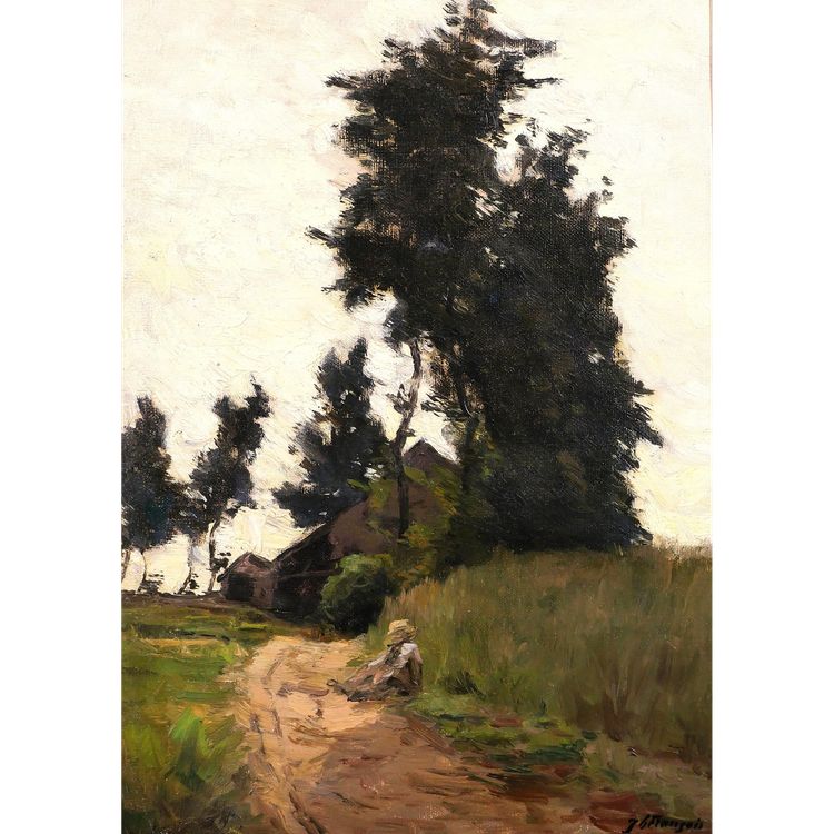 Joseph-Charles François 1851-1940 Paesaggio con alberi e dormiente, dipinto, Belgio Impressionismo