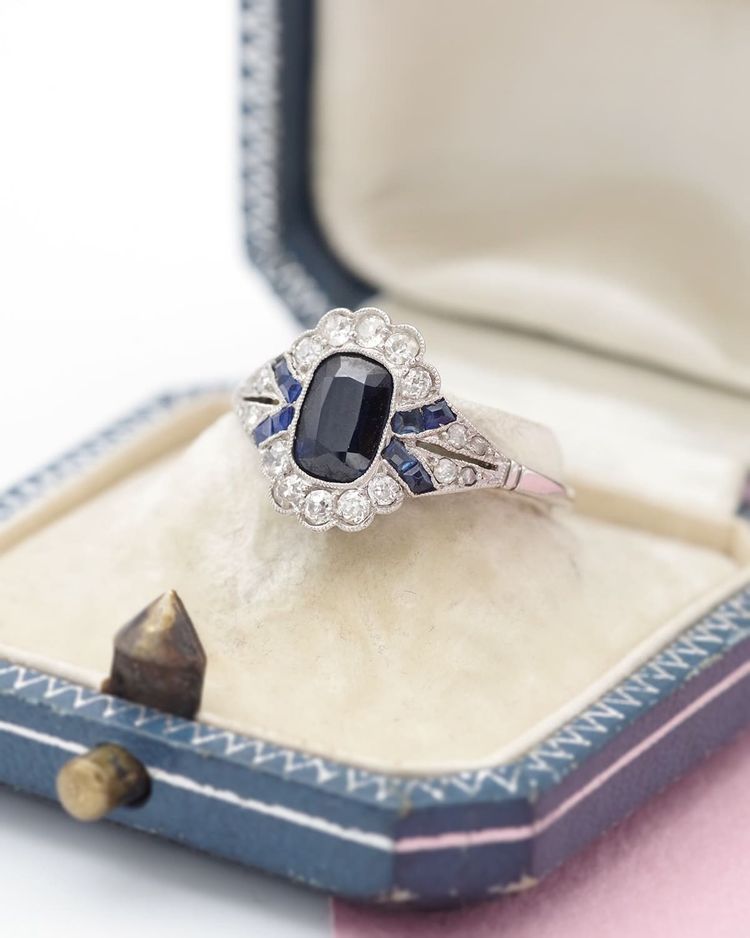 Anello Art Déco con zaffiro in platino e oro 18 carati, anello di fidanzamento, matrimonio, gioielli Art Déco