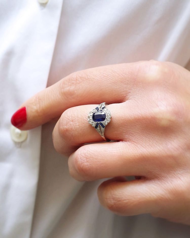 Anello Art Déco con zaffiro in platino e oro 18 carati, anello di fidanzamento, matrimonio, gioielli Art Déco