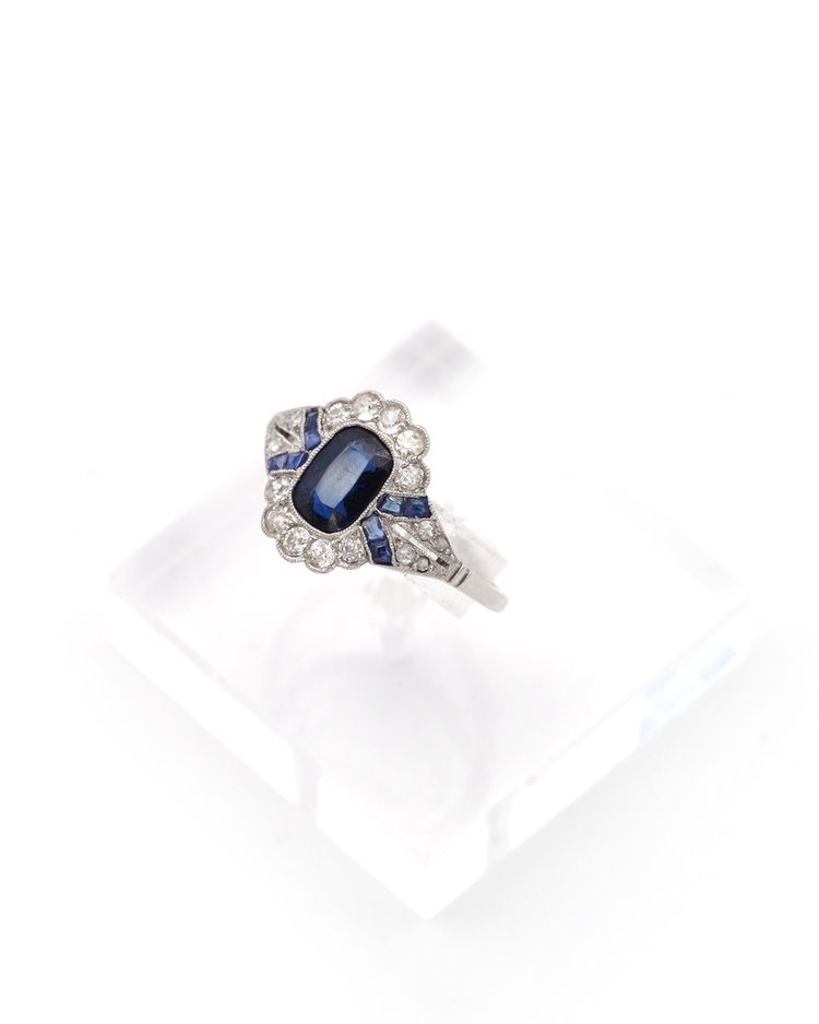Anello Art Déco con zaffiro in platino e oro 18 carati, anello di fidanzamento, matrimonio, gioielli Art Déco