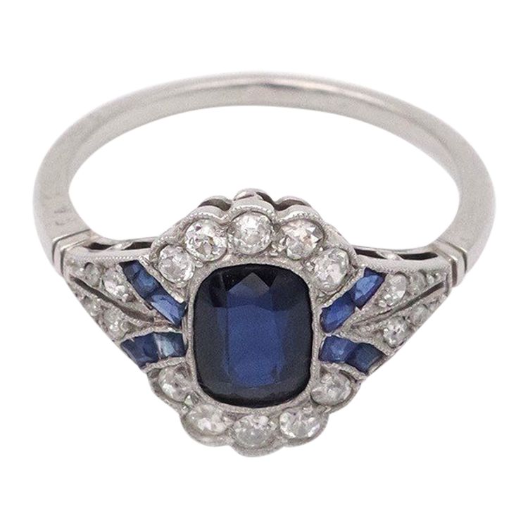 Anello Art Déco con zaffiro in platino e oro 18 carati, anello di fidanzamento, matrimonio, gioielli Art Déco